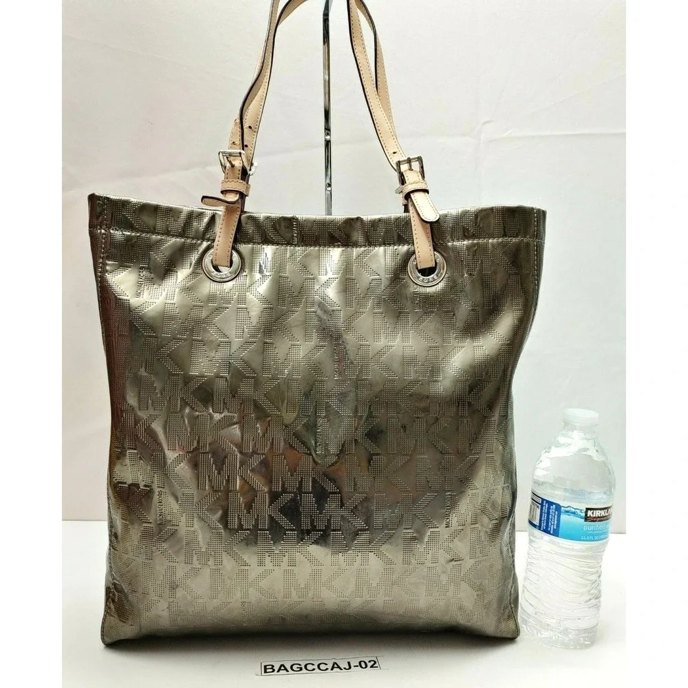 Michael Kors Gray Coated Leather MK Printed Double Handle Tote Bag